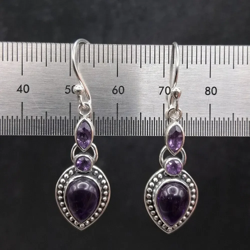 Sterling Silver Amethyst Dangle Earrings 925 Southwestern French Wire Purple